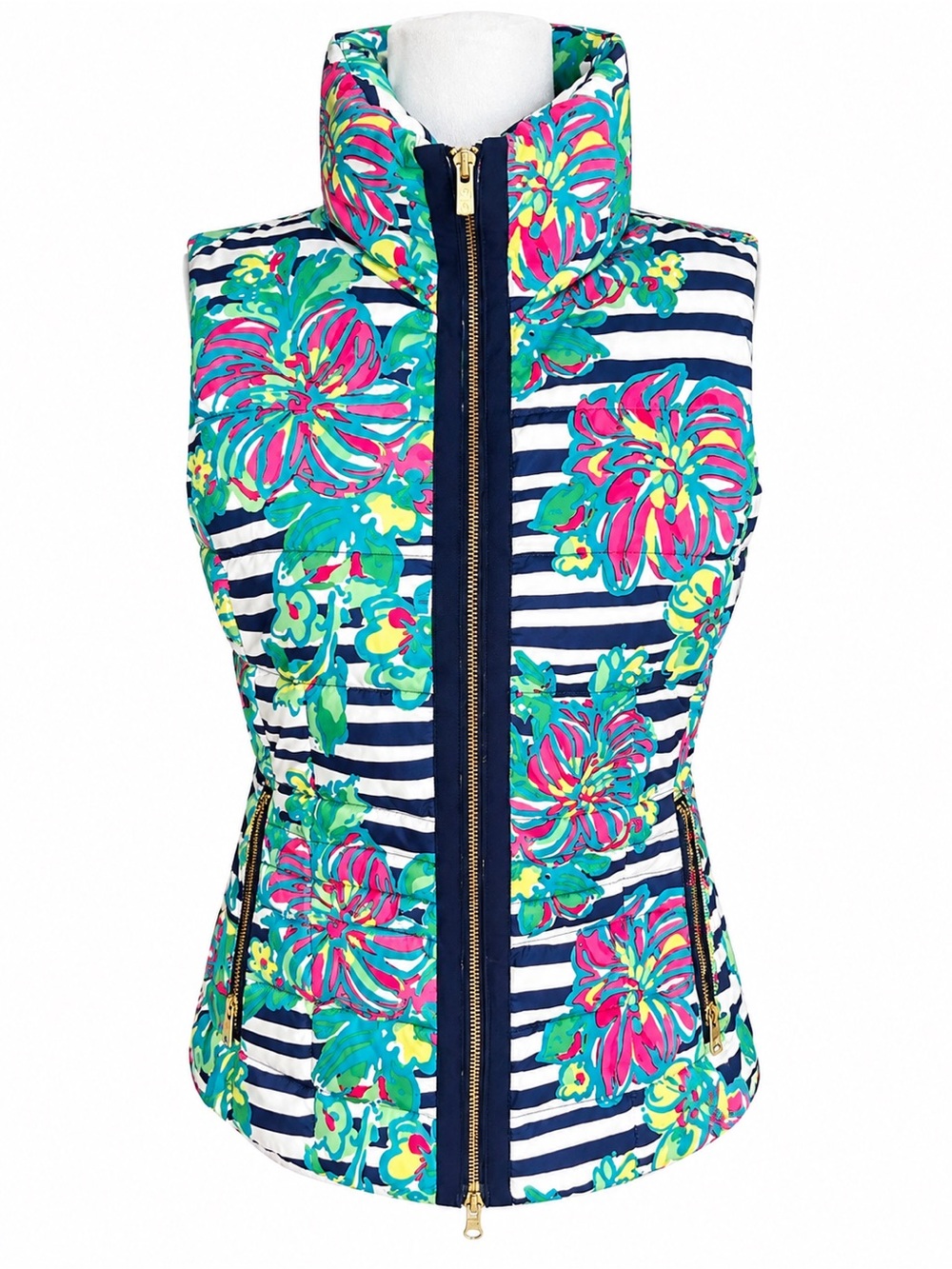 Lilly Pulitzer Syd Puffer Vest Small Floral Stripe Pink Green Blue Duck Down S